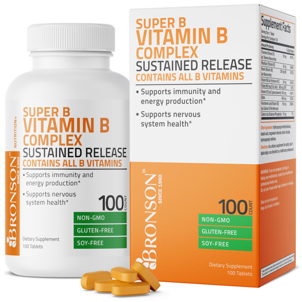 Bronson Super B Vitamin B Complex Sustained Slow Release (Vitamin B1, B2, B3, B6, B9 - Folic Acid, B12) Contains All B Vitamins 100 Tablets