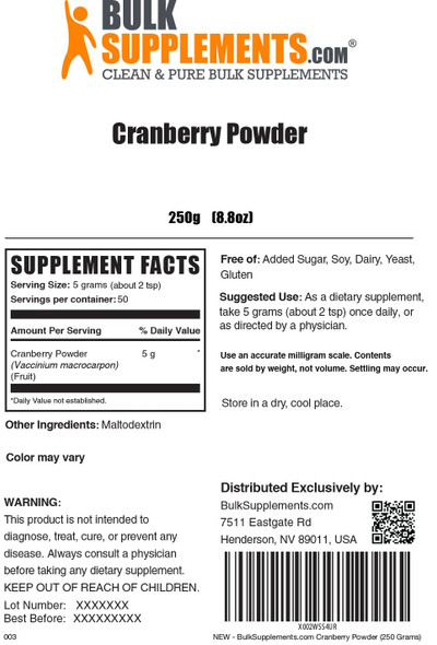 Bulksupplements.Com Cranberry Powder - Cranberry Supplements For Women & Men, Dried Cranberries Unsweetened - For Urinary Tract Health, Gluten Free & Sugar Free, 5G Per Serving, 250G (8.8 Oz)