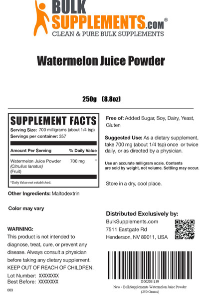 Bulksupplements.Com Watermelon Juice Powder - Watermelon Electrolyte - Vegan Drink Mix - Watermelon Energy Powder - Pure Watermelon Extract (250 Grams - 8.8 Oz)