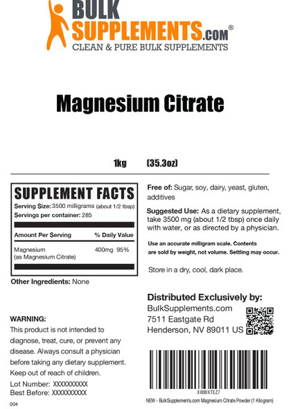 Bulksupplements.Com Magnesium Citrate Powder - Magnesium Supplement, Magnesium 400Mg, Pure Magnesium Citrate - Gluten Free, 3500Mg Per Serving, 1Kg (2.2 Lbs) (Pack Of 1)