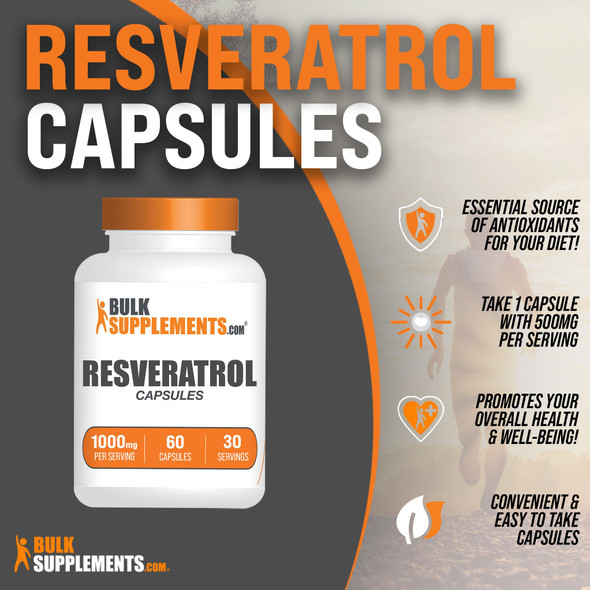 Bulksupplements.Com Resveratrol Capsules - Resveratrol Supplement, Polygonum Cuspidatum, Resveratrol 1000Mg - Antioxidants Supplement, Resveratrol Pills - 2 Capsules Per Serving, 60 Capsules