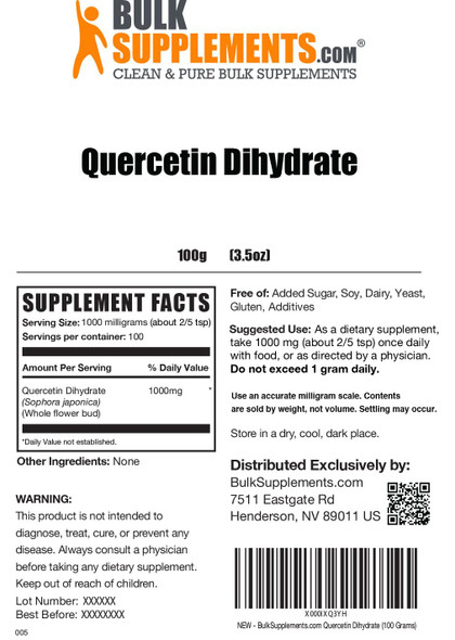 Bulksupplements.Com Quercetin Dihydrate Powder - Quercetin Supplements, Quercetin 1000Mg, Quercetin Powder - Antioxidants Supplement, Gluten Free, 1000Mg Per Serving, 100G (3.5 Oz)