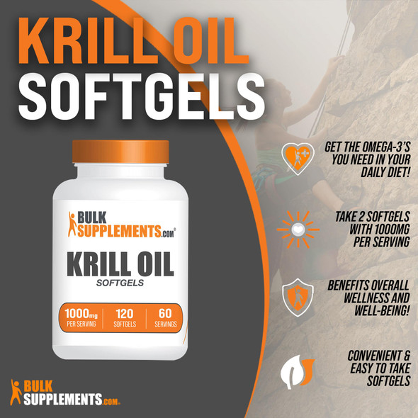 Bulksupplements.Com Krill Oil 1000Mg Softgels - Krill Oil Supplement, Antarctic Krill Oil, Dha Supplements - Krill Oil Omega 3, 2 Krill Oil Softgels Per Serving (1000Mg), 120 Softgels