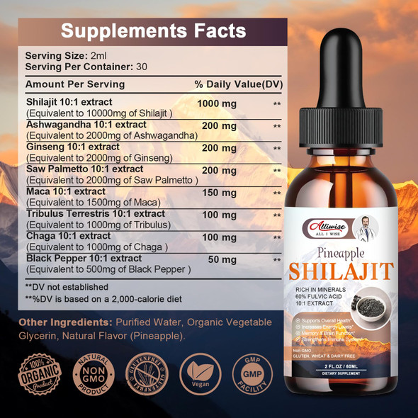 Alliwise Organic Pure Himalayan Shilajit Resin Liquid Drops For Men & Women.Golden Shilajit Supplement With Fulvic Acid & 85+ Trace Minerals Complex For Energy & Immune Support-Pineapple