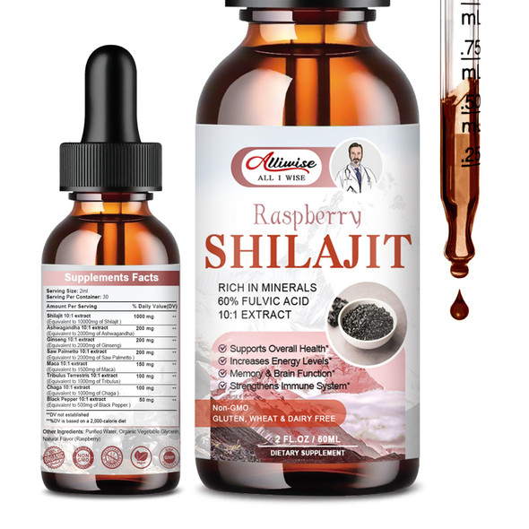 Alliwise Pure Himalayan Shilajit Resin Liquid Drops For Energy & Immune Support-Golden Shilajit Supplement With Fulvic Acid & 85+ Trace Minerals Complex For Men & Women