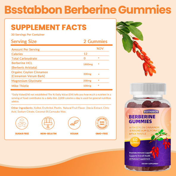 BSSTABBON Berberine Gummies With Berberine Hcl,Ceylon Cinnamon,Magnesium Glycinate Per Serving For Men And Women 60Gummies