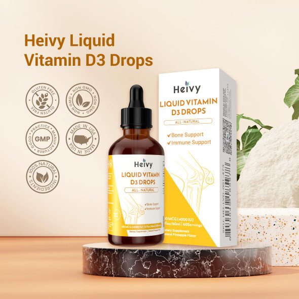 Heivy Liquid Vitamin D3 Drops |Bone And Immune Support | Natural Made Ingredients | Vitamin D3 Liquid 100 Mcg (4000 Iu) | Vegan | Gluten Free | Non-Gmo | 2 Fl Oz (60Ml)