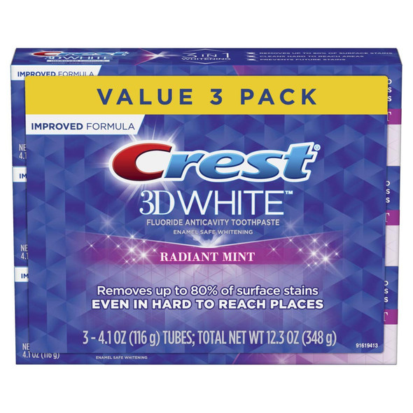 Crest 3D White Toothpaste Radiant Mint (3 Count of 4.1 oz Tubes), 12.3 oz Packaging May Vary