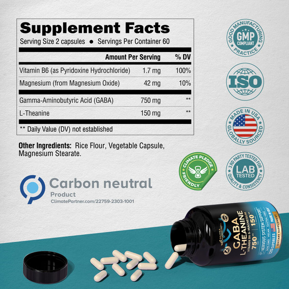 NUTRAHARMONY Gaba L-Theanine - Stress Relief Supplement 900Mg - Made In Usa - Magnesium | Vitamin B6 - Natural Calm | Sleep | Relaxation | Mood Support - 750 Mg Gamma Aminobutyric Acid - 120 Vegan Non-Gmo Capsules