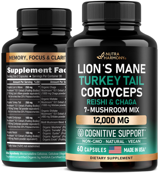 NUTRAHARMONY Mushroom Supplement - Organic Lion'S Mane | Turkey Tail | Chaga | Cordyceps | Reishi | Maitake | Shiitake | Meshima | Tremella | Oyster | Agaricus - Made In Usa - 12-In-1 Complex 12000 Mg, 60 Capsules