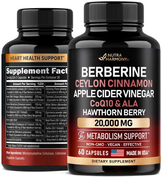 NUTRAHARMONY Berberine With Ceylon Cinnamon 10000 Mg With Apple Cider Vinegar | Hawthorn Berry | Citrus Bergamot | Bitter Melon - 15-In-1 Heart Support, Metabolism & Energy - Made In Usa - Vegan, 60 Capsules