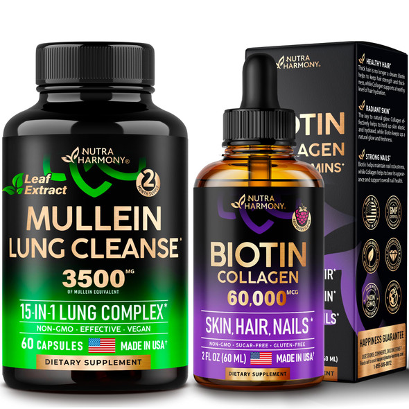 NUTRAHARMONY Liquid Biotin, Collagen Drops & Mullein Leaf Extract Capsules