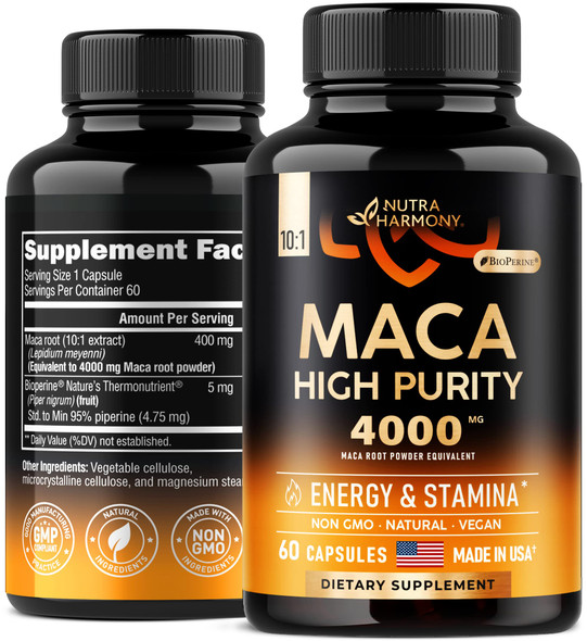 NUTRAHARMONY Maca Root For Men & Women - Energy & Stamina Support - 4000 Mg High Purity Natural Supplement - Made In Usa - Powered With Bioperine - Non-Gmo, Vegan - 60 Powder Capsules