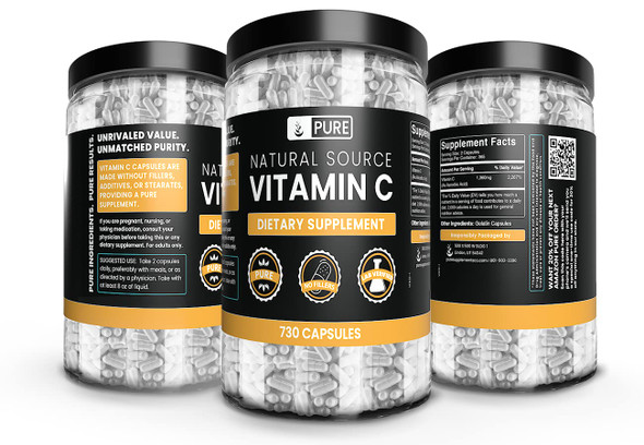 PURE ORIGINAL INGREDIENTS Vitamin C (730 Capsules) No Magnesium Or Rice Fillers, Always Pure, Lab Verified