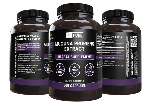 PURE ORIGINAL INGREDIENTS Mucuna Pruriens (365 Capsules) No Magnesium Or Rice Fillers, Always Pure, Lab Verified