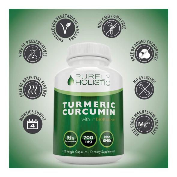 Purely Holistic Turmeric Curcumin With Bioperine - 120 Vegan Capsules - 700Mg Of Tumeric Per Capsule - With Black Pepper Extract 95% Curcuminoids