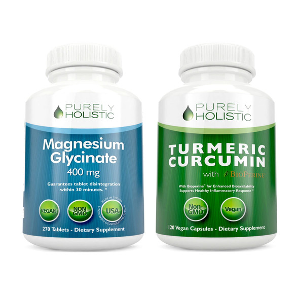 Purely Holistic Magnesium Glycinate 400Mg + Organic Turmeric Curcumin 700Mg With Bioperine Providing 95% Curcuminoids - 270 Tablets & 120 Capsules - Vegan Bundle