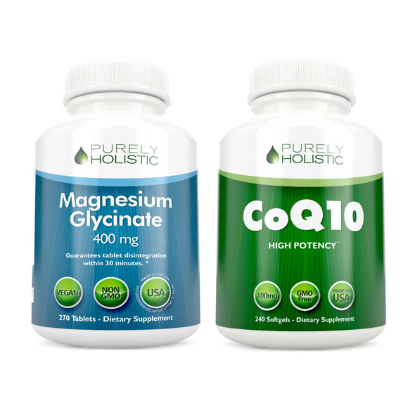 Purely Holistic Magnesium Glycinate 400Mg + Coq10 100Mg With Organic Olive Oil Bundle - 270 Tablets & 240 Softgels