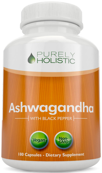 Purely Holistic Organic Ashwagandha 1300Mg - 180 Vegan Capsules - 650Mg Of Ashwaganda Per Capsule - 3 Month Supply - High Strength Ashwaganda Root Extract With Black Pepper