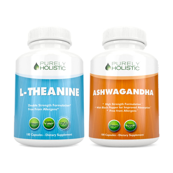 Purely Holistic L-Theanine 200Mg + Organic Ashwagandha 1300Mg & Black Pepper - Vegan Bundle - 360 Capsules - Made In Usa