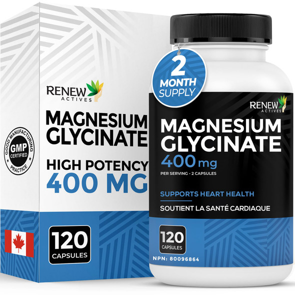 RENEW ACTIVES Magnesium Glycinate 400MG per 2 Capsules Pure Magnesium Bisglycinate for Full Body Relaxation Sleep Muscles Bones and Energy