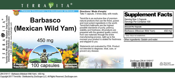 Terravita Barbasco (Mexican Wild Yam) - 450 Mg (100 Capsules, Zin: 519117)