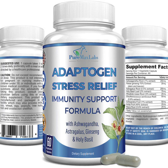 YUMMYVITE Adaptogen Stress Relief Immune Support Formula - Adaptogenic Adrenal Support With Ashwagandha, Astragalus, Ginseng, Holy Basil, Rhodiola, Amla, Maca, Schisandra, Non-Gmo - 60 Capsules