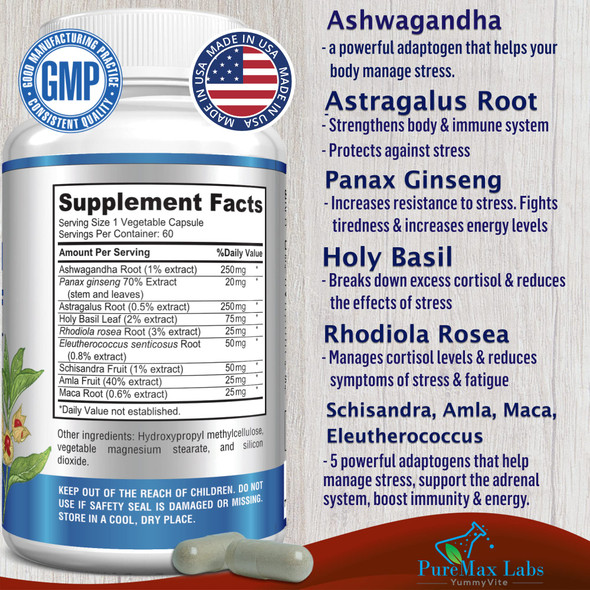 YUMMYVITE Adaptogen Stress Relief Immune Support Formula - Adaptogenic Adrenal Support With Ashwagandha, Astragalus, Ginseng, Holy Basil, Rhodiola, Amla, Maca, Schisandra, Non-Gmo - 60 Capsules