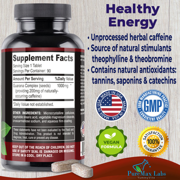 YUMMYVITE Natural Energy Guarana 1000Mg - Provides 200Mg Of Herbal Caffeine (2 Cups Coffee), Antioxidants, Boost Energy, Natural Caffeine Tablets, 90 Tablets