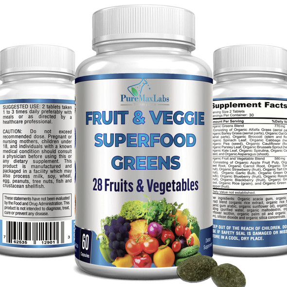 YUMMYVITE Fruit And Veggie Superfood Greens - 28 Fruits And Vegetables Incl. Alfalfa, Barley Grass, Spirulina, Beet Root, Tart Cherry, Concentrated Natural Antioxidants- 60 Tablets