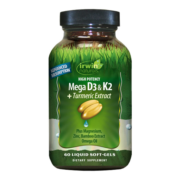 ‎Irwin Naturals High Potency Mega D3 & K2 + Turmeric Extract For Healthy Bones, Immune Function & Positive Mood - Advanced Absorption With Magnesium, Turmeric, Bamboo & Omega Oil - 60 Liquid Softgels