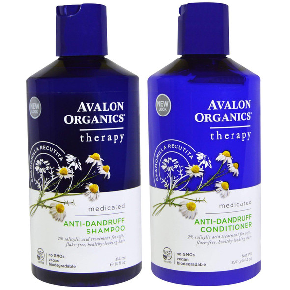 ‎Avalon Organics Anti-Dandruff Shampoo and Anti-Dandruff Conditioner Bundle With 2% Salicylic Acid, Aloe Vera, Tea Tree, Chamomille and Essential Oils, 14 fl. oz. each