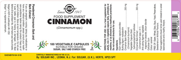 Solgar Cinnamon 100 Vegetable Capsules - Full Potency (Fp) - Supports Sugar Metabolism - Overall Wellness - Non-Gmo Vegan Gluten Free Dairy Free Kosher - 100 Servings