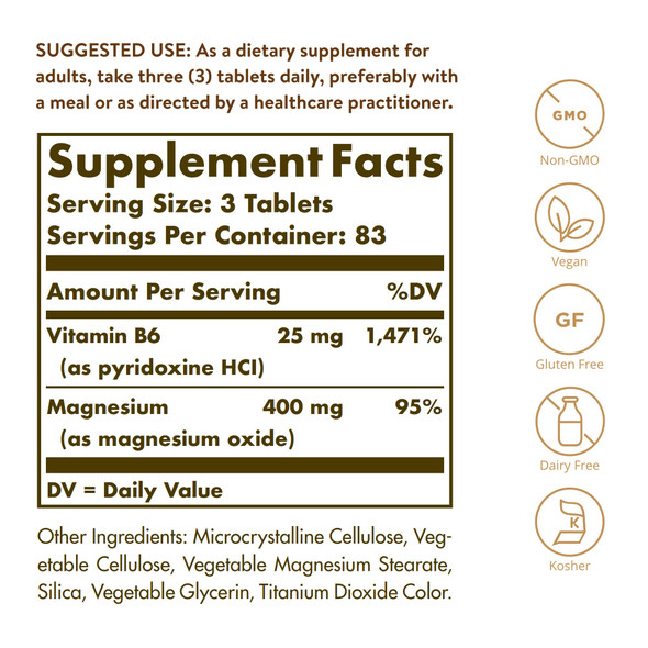 Solgar Magnesium With Vitamin B6 250 Tablets - Promote Healthy Bone Mineralization Support Nerve & Muscle Function Energy Metabolism - Non-Gmo Vegan Gluten Free Dairy Free Kosher - 83 Servings