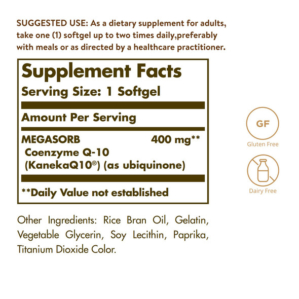 Solgar Megasorb Coq-10 400 Mg 60 Softgels - Supports Heart & Brain Function - Coenzyme Q10 Supplement - Enhanced Absorption - Gluten Free Dairy Free - 60 Servings