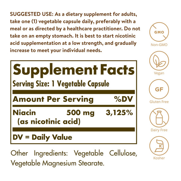 Solgar Niacin (Vitamin B3) 500 Mg 250 Vegetable Capsules - Cardiovascular Support - Energy Metabolism - Non-Gmo Vegan Gluten Free Dairy Free Kosher - 250 Servings