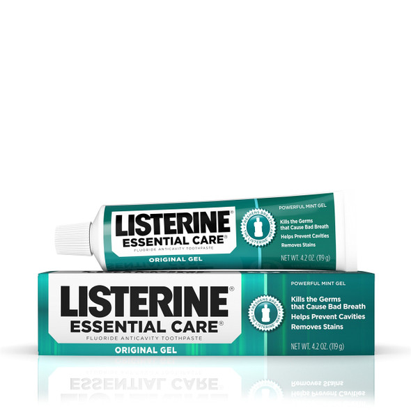 Listerine Essential Care Original Gel Fluoride Toothpaste, Prevents Bad Breath and Cavities, Powerful Mint Flavor for Fresh Oral Care, 4.2 oz