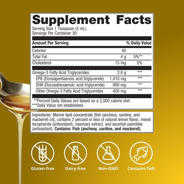 Metagenics OmegaGenics EPA-DHA 2400 mg - High Potency Liquid Fish Oil Supplement for Heart Health & Immune Support* - Sustainably Sourced - Lemon Flavor - Non-GMO & Gluten-Free - 30 Servings