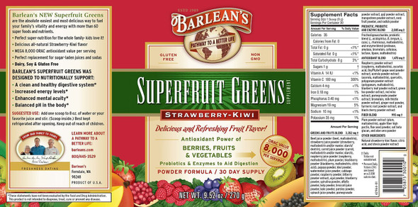 Barlean's Strawberry Kiwi Superfruit Greens Powder Daily Fruits and  Veggies Superfood Supplement Green Antioxidant Blend and  Fiber Super Power Smoothie Mix 9.52 Oz