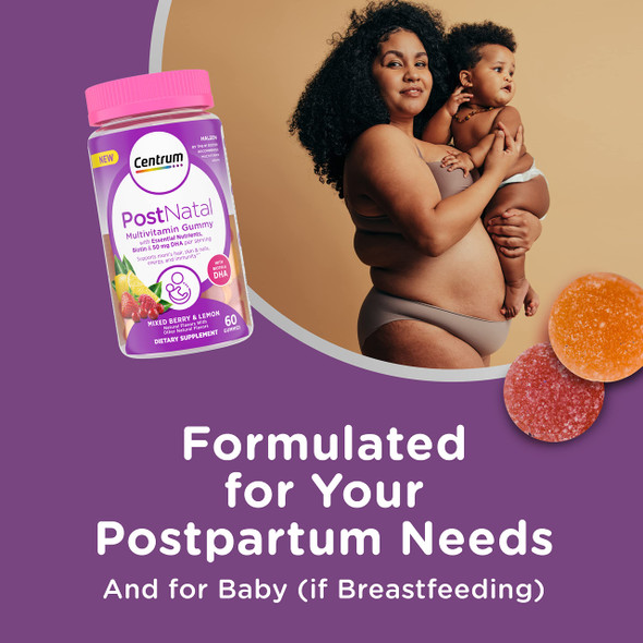 Centrum Postnatal Multivitamin Gummies With Biotin And Dha Mixed Berry And Lemon Flavors - 60 Count 30 Day Supply
