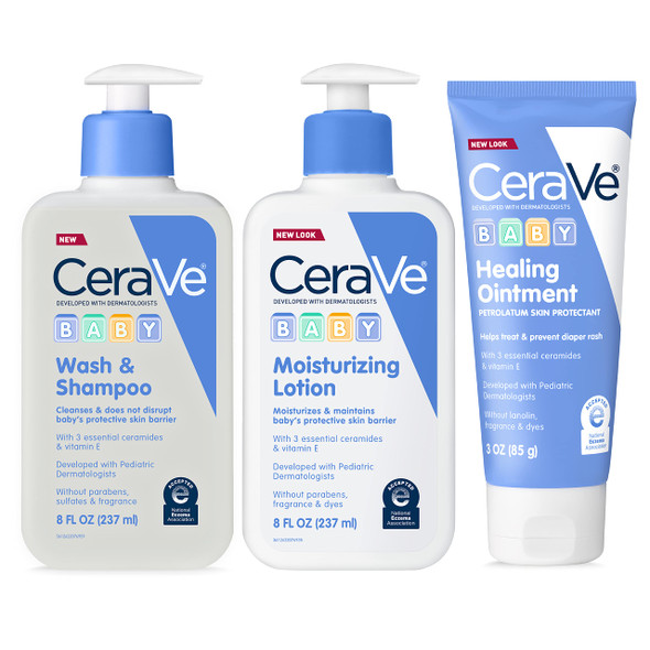 Cerave Baby Bath Set | 8Oz Baby Wash & Shampoo + 8Oz Baby Moisturizing Lotion + 3Oz Baby Healing Ointment | Fragrance Parabens Phthalates & Tear Free Baby Bath Essentials | Gentle Baby Skin Care