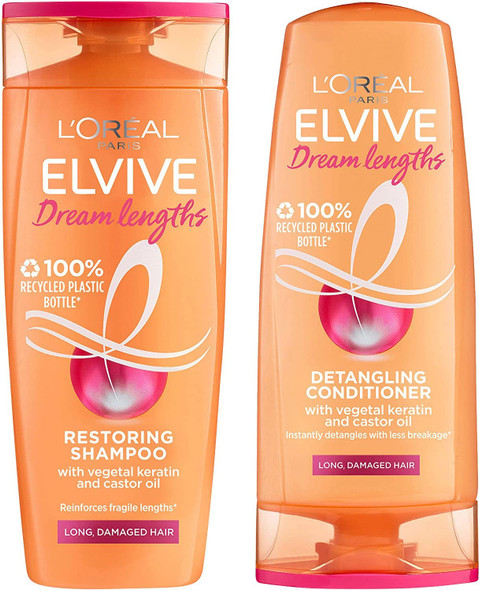 L'Oreal Paris Elvive Dream Lengths Shampoo And Conditioner Set For Long Hair Nourishing & Strengthening Treatment To Prevent Hair Breakage Enriched With Castor Oil