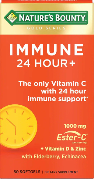 Nature's Bounty Immune 24 Hour + The only Vitamin C with 24 Hour Immune Support from Ester-C 1000 mg Vitamin C, D & Zinc, Gluten Free Rapid Release Softgels 2 Softgels per Day 50 Count