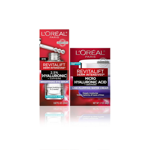 L'Oreal Paris Revitalift Hyaluronic Acid + Caffeine Hydrating Eye Serum For Dark Circles Fragrance .67 Fl. Oz + Moisturizer Sample