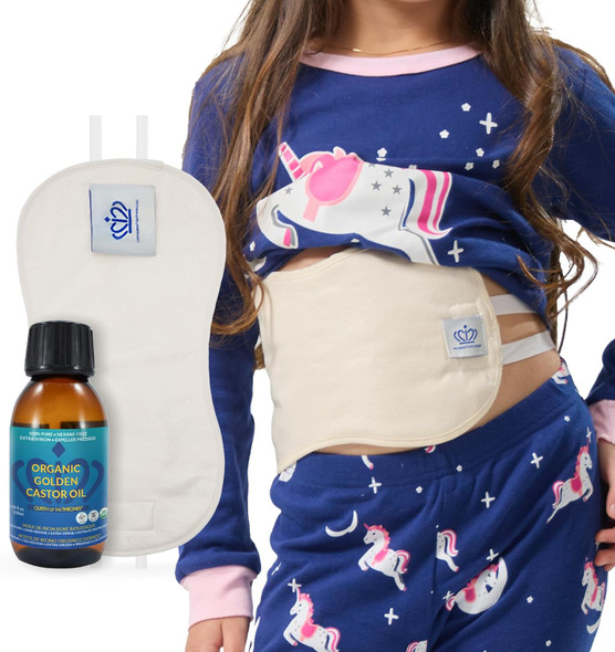 QUEEN OF THE THRONES Castor Oil Pack for Kids Kit - Heatless, Less-Mess, Reusable - Organic Cotton Flannel, Comfort Fit, Soft Straps & Naturopathic Doctor Designed (3.38oz Organic Castor Oil Included)