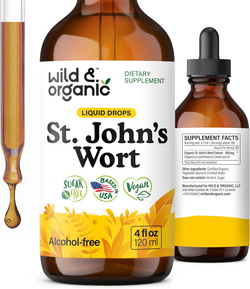 Wild & Organic St Johns Wort Tincture - St. Johns Wort Herb Supplement For Mood Support - Vegan Alcohol Free Drops - 4 Fl Oz
