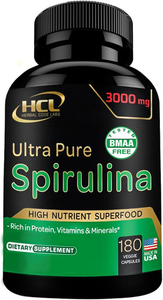 Hcl Herbal Code Labs Organic Spirulina Powder Capsules 3000 Mg - Purest Non-Irradiated Blue Green Algae - Best Raw Vegan Protein - Green Superfood - Natural Multivitamins – 180 Pills Made In The Usa
