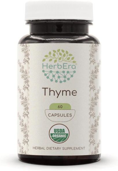 Herb Era Thyme Usda Organic 60 Capsules | Natural Herbal Supplement | Certified Organic Vegetarian Capsules And Organic Thyme (Thymus Vulgaris) Dried Leaf (60 Capsules)