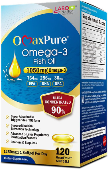 Labo Nutrition Omaxpure Omega 3 Fish Oil 1125Mg Omega-3 With Dha & Epa 120 Count Pharmaceutical Grade Better Absorbed Supercritical Co2 Extracted Rtg Form For Heart Joint Brain & Immune Health