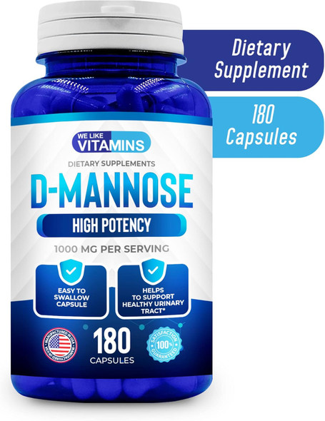 We Like Vitamins D-Mannose Capsules 1000Mg Per Serving - 180 Easy To Swallow Veggie Capsules - Cranberry D Mannose Supplement Helps Support Bladder And Urinary Tract Health
